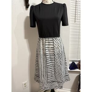 Vintage Sheer Color Block Puff Sleeve Dress Black Gray Geometric Melissa Petite